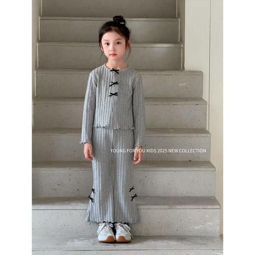 YFY女童秋冬芭蕾风蝴蝶结套装女宝喇叭裤针织开衫两件套幼儿园