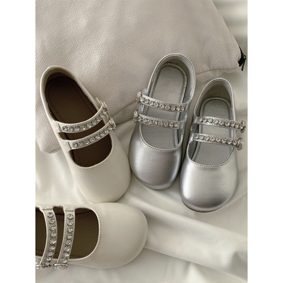 女童春夏钻石单鞋皮鞋公主裙鞋子银色百搭魔术贴韩版洋气软底