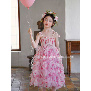 YFY花仙子女童碎花连衣裙春夏公主裙蓬蓬裙桃粉吊带裙度假风
