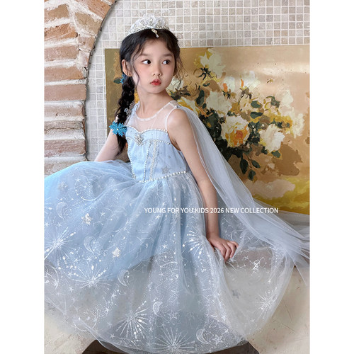 YFY夏季女童艾莎公主连衣裙亮片超仙女冰雪奇缘生日长裙雪花刺绣