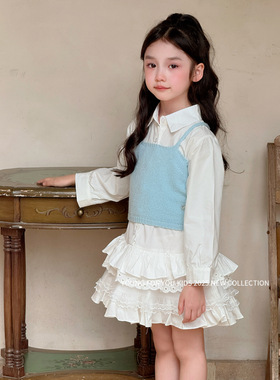 YFY女童春夏白色长袖衬衫连衣裙可爱公主纯棉蛋糕裙吊带背心套装