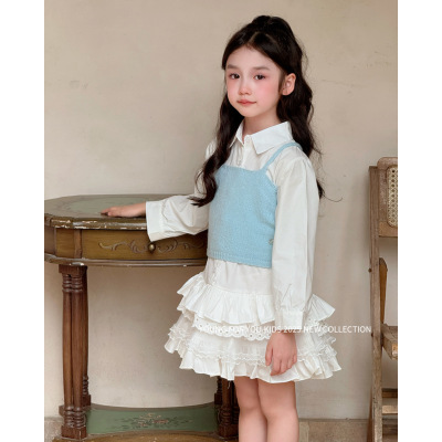 女童春夏白色长袖衬衫连衣裙