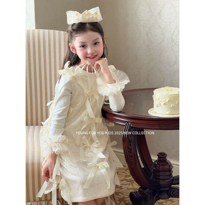 YFY秋女童蝴蝶结生日裙礼服背心裙连衣裙香槟亮片气质小香风花童