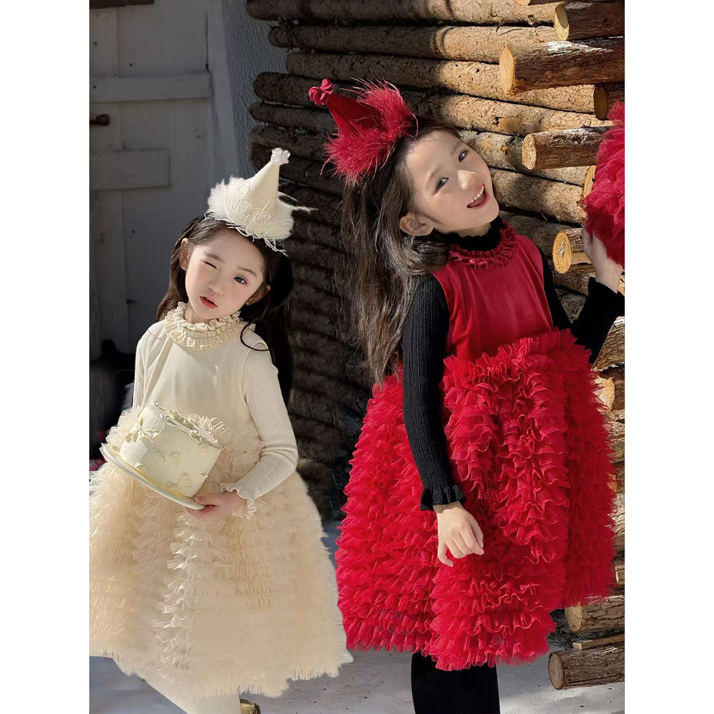 YFY秋冬女童生日裙蓬蓬裙连衣裙背心裙花朵领红色喜庆裙子拜年服