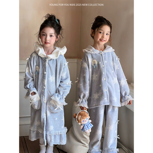 YFY女童冬季 睡袍保暖睡衣冰雪奇缘爱莎亲肤 艾莎法兰绒家居服套装