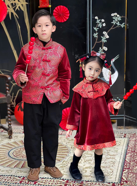 YFY冬季男女童拜年服连衣裙上衣外套红色喜庆新年中式唐装兄妹