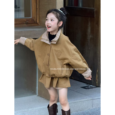 YFY女童秋冬英伦风格子拼接套装休闲外套半裙咖色学院风风衣夹克