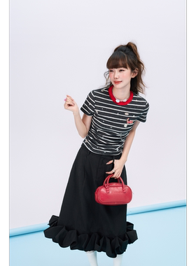 DUBZZY【腊肠狗】原创设计千金风复古条纹短袖T恤上衣女T214S25Z