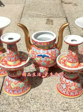 景德镇陶瓷粉彩香炉花觚烛台五供套中式居家佛堂佛前贡器佛具摆件