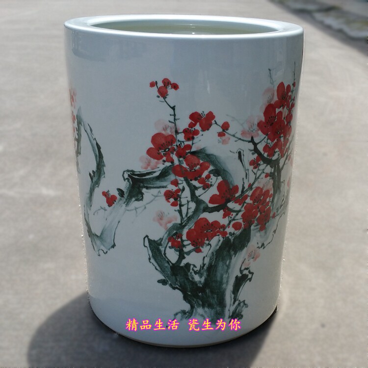 景德镇陶瓷器手绘梅花铁骨生春直筒大号花瓶字画筒书画卷轴缸伞桶