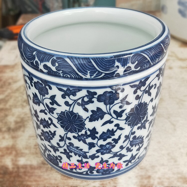景德镇陶瓷器仿古青花瓷缠枝莲笔筒中式书房办公室装饰毛笔筒摆件