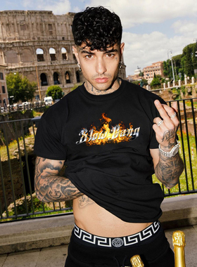 SlowGang修身嘻哈火焰logo印花黑色短袖 Drip美式黑人紧身弹力t恤