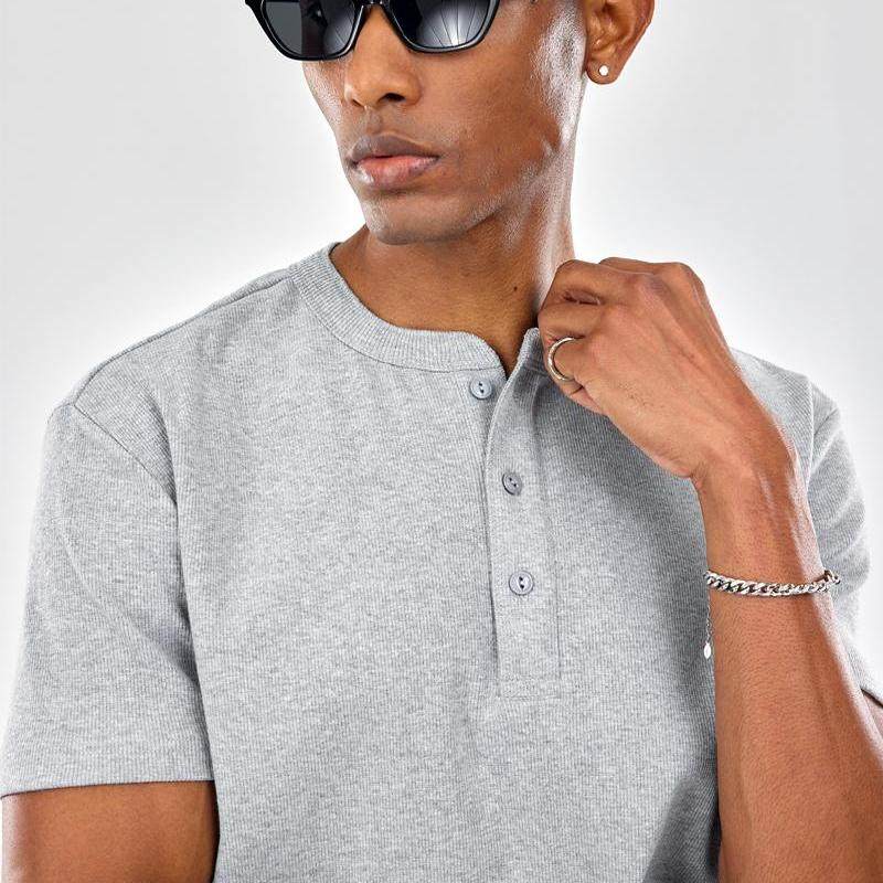 SlowGang螺纹320G重磅亨利领短袖男收口袖弹力修身小领口健身T恤