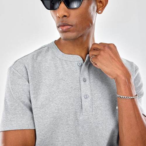 SlowGang螺纹320G重磅亨利领短袖男收口袖弹力修身小领口健身T恤