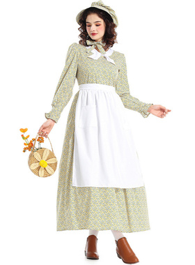 万圣节服装亚马逊货源新品草原殖民地黄色碎花连衣裙围裙先锋服