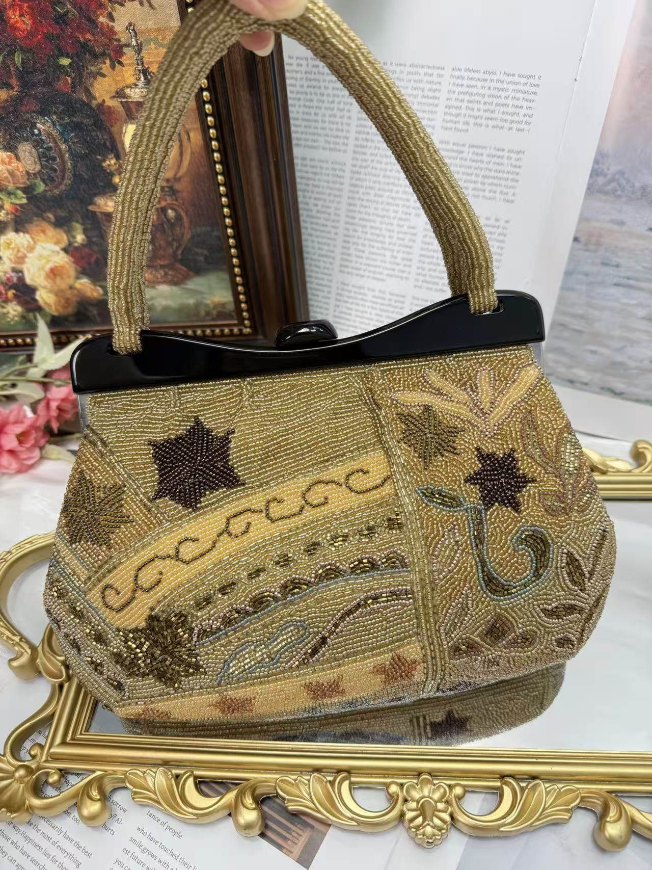 中古vintage珠绣手工包钉珠包时尚手提托特腋下绣花包手提包