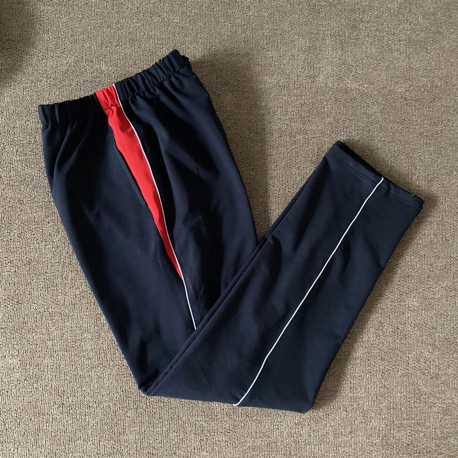 春秋冬高中小学生男女深蓝纯棉校服裤拼红色三角加绒厚运动裤定制