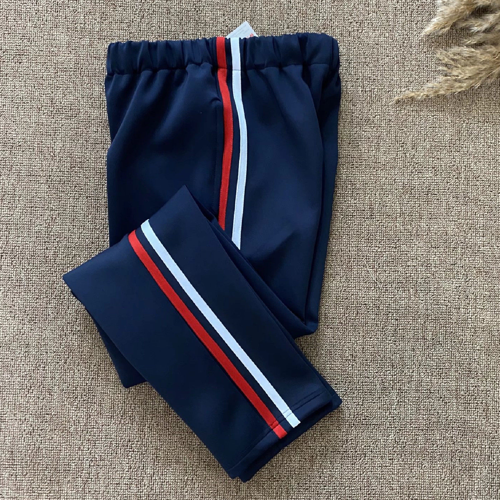 春秋冬季中小学生男女深蓝纯棉校服裤拼接红白杠加绒加厚运动裤