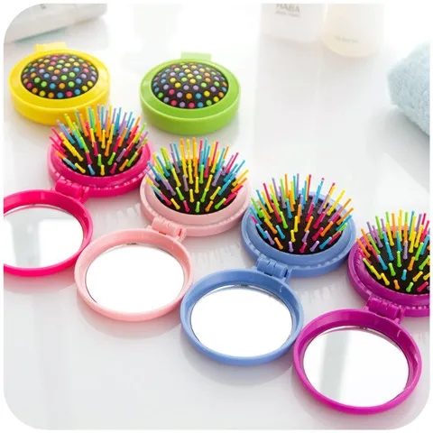 彩虹迷你翻盖式气囊梳子 创意便携式折叠镜子梳按摩梳 玻璃化妆镜