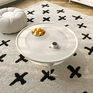 法式奶油风实木茶几圆形玻璃茶几小户型客厅高级电视柜圆形茶桌