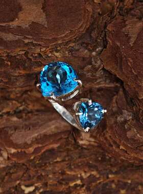 925纯银镶嵌天然托帕石戒指闭口小众个性心形可调节指环