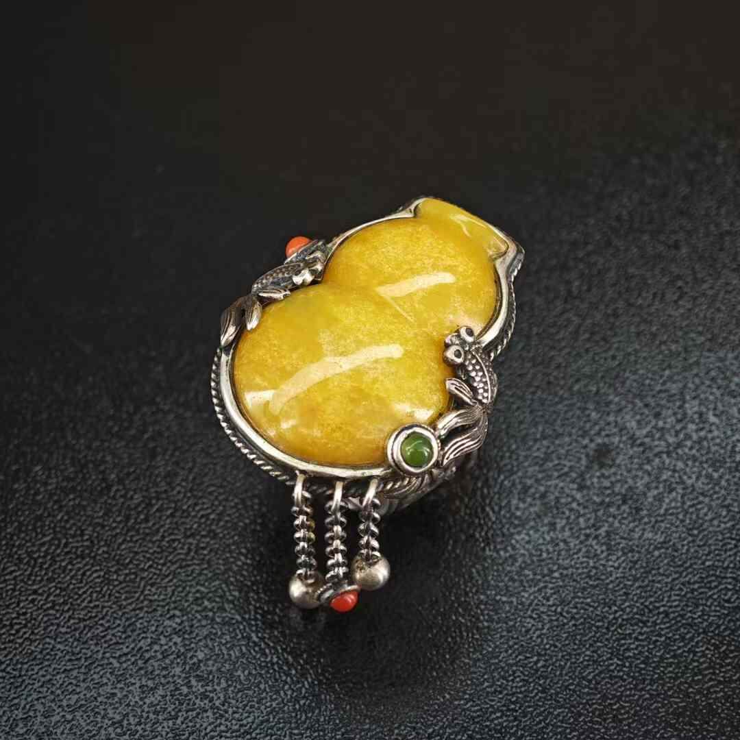 台湾工艺戒指925纯银镶嵌翡翠流苏复古做旧葫芦平安扣中国风指环