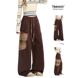 直筒阔腿休闲裤 复古宽松运动裤 女美式 NERESUM咖啡色格纹口袋卫裤