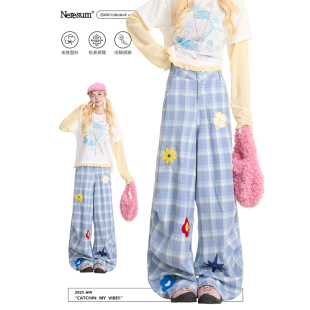 小众阔腿休闲裤 NERESUM花卉刺绣格纹工装 复古褶皱直筒裤 女美式 裤