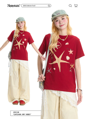 NERESUM海星印花红色短袖T恤女夏季新款美式正肩复古宽松休闲上衣