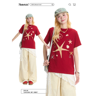 美式 新款 正肩复古宽松休闲上衣 T恤女夏季 NERESUM海星印花红色短袖