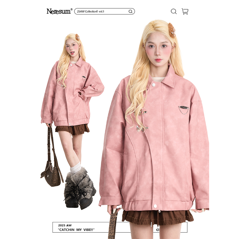 NERESUM美式金属扣翻领皮衣夹克