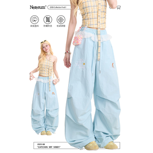 NERESUM美式弯刀阔腿裤女蕾丝拼接设计感工装裤新款宽松褶皱裤子