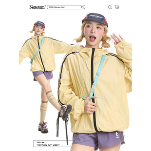 NERESUM美式 条纹绑带连帽防晒衣女轻薄透气宽松防紫外线百搭外套