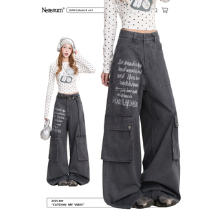 百搭显瘦阔腿长裤 NERESUM美式 女复古多口袋直筒裤 裤 字母印花工装
