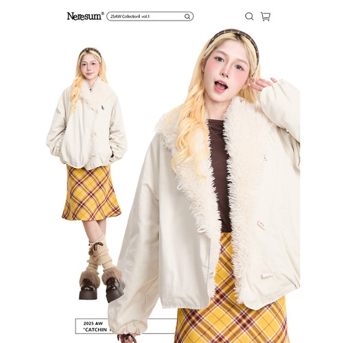 NERESUM复古翻领毛绒加厚棉服
