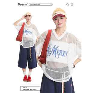 NERESUM字母印花网眼短袖T恤女美式镂空透气设计感小众球衣罩衫