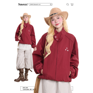 NERESUM酒红色字母印花立领外套女美式 夹克 潮牌宽松运动百搭工装