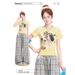 复古减龄正肩显瘦短款 美式 上衣 T恤女夏季 NERESUM小狗波点满印短袖