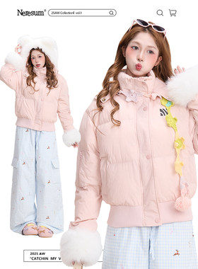 NERESUM毛绒拼接连帽棉服厚外套