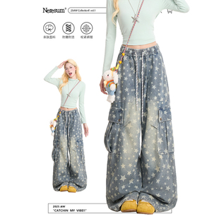 NERESUM满印星星弯刀工装牛仔裤女美式复古水洗做旧阔腿显瘦裤子