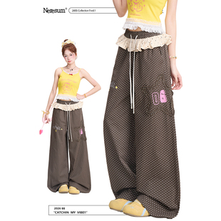 NERESUM满印波点星星贴布裤子女亚文化穿搭休闲裤复古直筒阔腿裤
