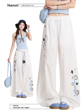 NERESUM白色印花工装裤女2026春夏轻亚直筒阔腿裤百搭显瘦休闲裤