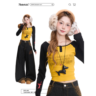 街头辣妹显瘦短款 T恤女美式 打底上衣 长袖 NERESUM复古撞色插肩袖
