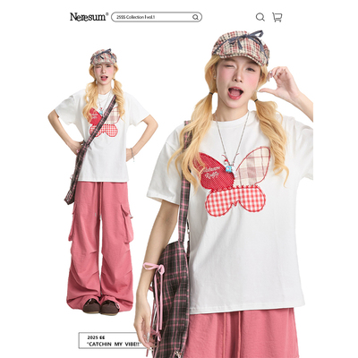 NERESUM蝴蝶贴布正肩修身短袖T恤