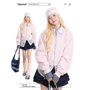 NERESUM美式棒球服短外套女潮牌格纹拼接秋季宽松百搭休闲夹克