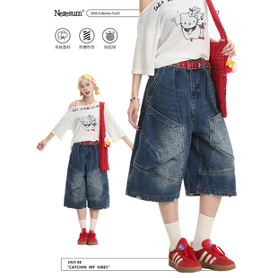 大口袋百搭短裤 女复古街头直筒显瘦美式 牛仔七分裤 NERESUM夏季