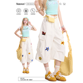 短裤 NERESUM星星刺绣白色七分裤 女潮牌多口袋褶皱宽松休闲工装