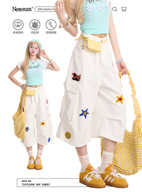 NERESUM星星刺绣白色七分裤女潮牌多口袋褶皱宽松休闲工装短裤