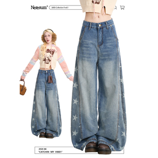 垂感小众休闲裤 直筒阔腿裤 女美式 NERESUM复古星星印花蓝色牛仔裤