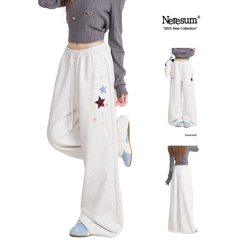 NERESUM星星贴布绣卫裤女冬季加绒直筒运动裤潮牌垂感阔腿休闲裤,女装/女士精品,卫裤,淘宝优惠券,粉丝福利购,淘宝优惠卷